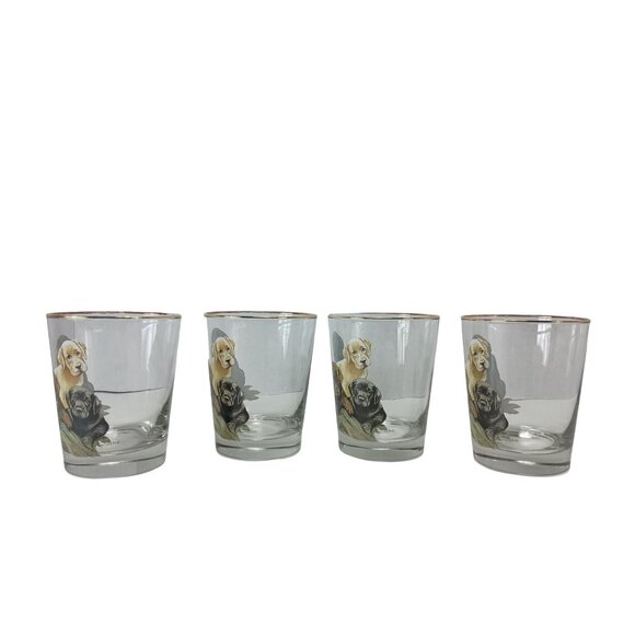 B. Brian Atwater Set Of 4-16oz. Gold Rimmmed Highball Whiskey Glasses Puppies - Picture 4 of 8